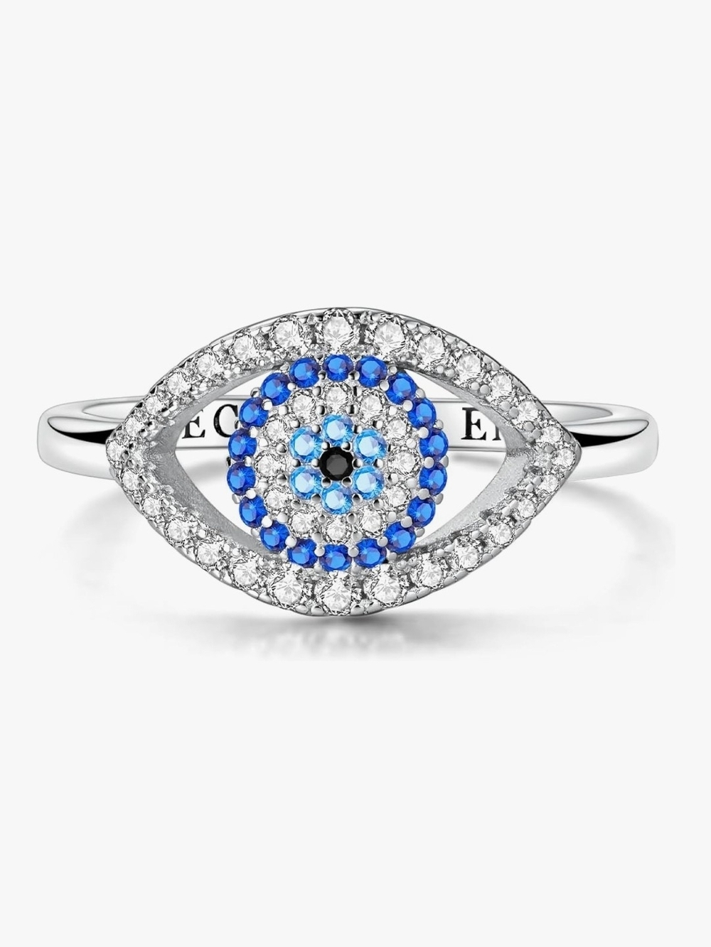925 Sterling Silver Evil Eye Pavé Ring with Blue Saphire Cubic Zirconia Crystal